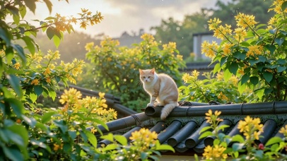 暖阳花檐上的小橘猫