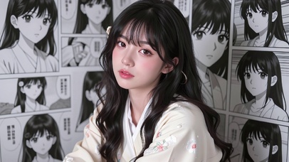 漫画墙前的少女