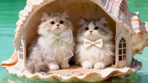 海螺两只猫咪带鱼屏