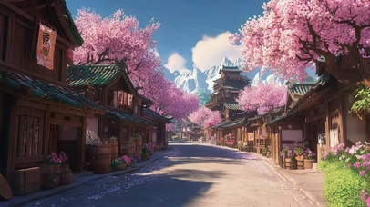 春日粉樱古风小镇街道