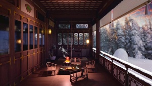 中式雪天温馨木屋