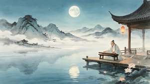 山水湖边抚琴