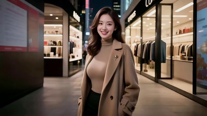服装门店外闲逛的穿风衣长发美女