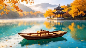 山水湖畔小船雨景