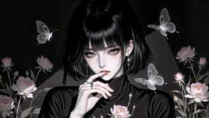 暗黑氛围感粉花短发美少女