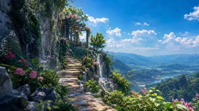 晴空山间瀑布唯美风景