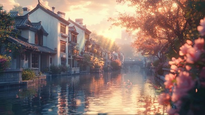 夕阳樱花水乡徽派建筑