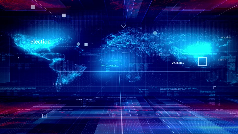 科技感数字空间内的蓝色点线发光世界地图，搭配透视网格霓虹光效