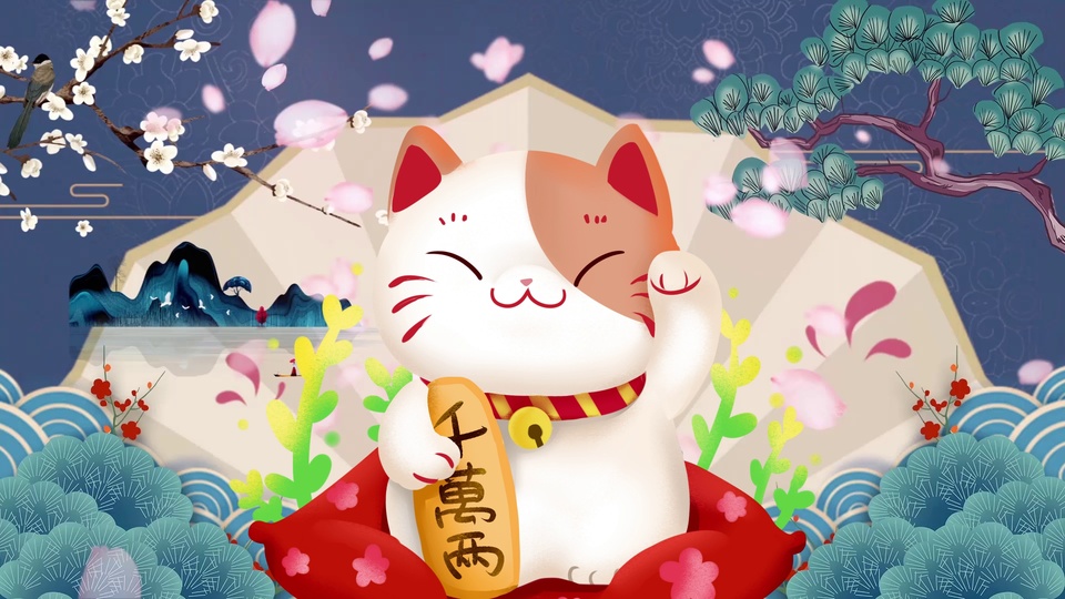 国风插画里白橘双色招财猫闭眼微笑，抬起前爪，抱着刻有万两字样的金锭，身周是山水花枝与青蓝波浪纹样。