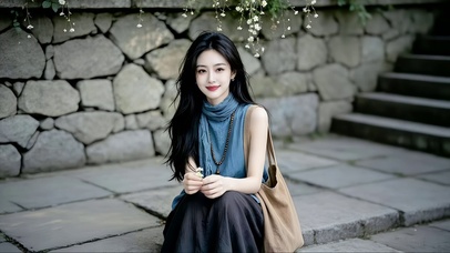 堤坝石阶上小坐休息的美女