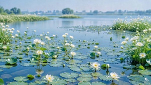 清新湖面白睡莲风景