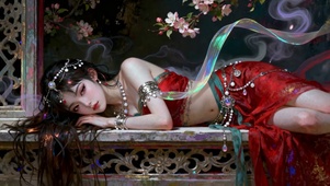 红衣古风美人卧栏赏樱