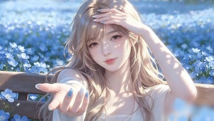 勿忘我花海中的少女