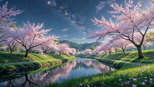 星空下樱花河畔唯美风景