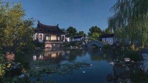 静谧午后苏式园林池塘