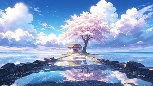唯美海天一色樱花小屋