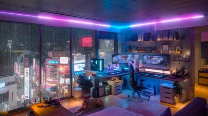 城市雨夜霓虹电竞房间