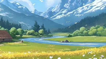 白云树木河流带鱼屏