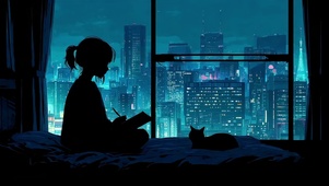 夜晚窗前少女与猫