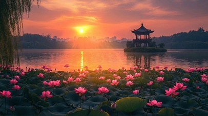 落日荷塘湖泊观景亭