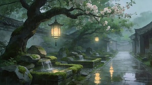 古风夜景雨天