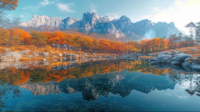 阳光高山枫林湖泊倒影