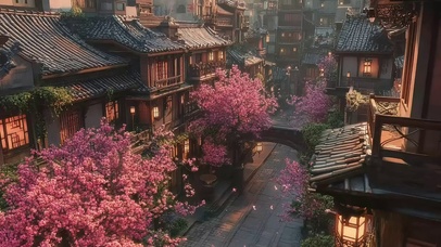 远眺古风小城建筑街景