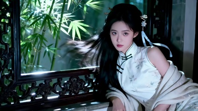古风典雅宅院窗前旗袍长发美女