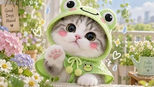 萌趣青蛙雨衣小猫咪