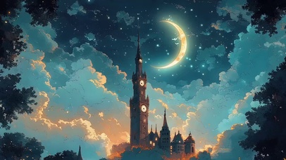 森林夜晚弯月古堡建筑