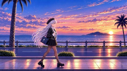 海边散步的少女