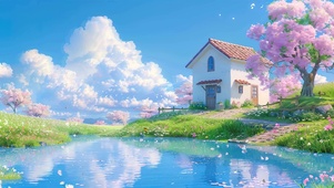 蓝天白云树木河流
