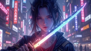 赛博朋克霓虹剑姬美女