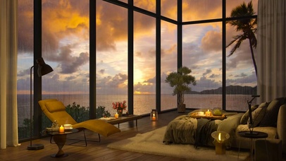 傍晚雨天海景别墅