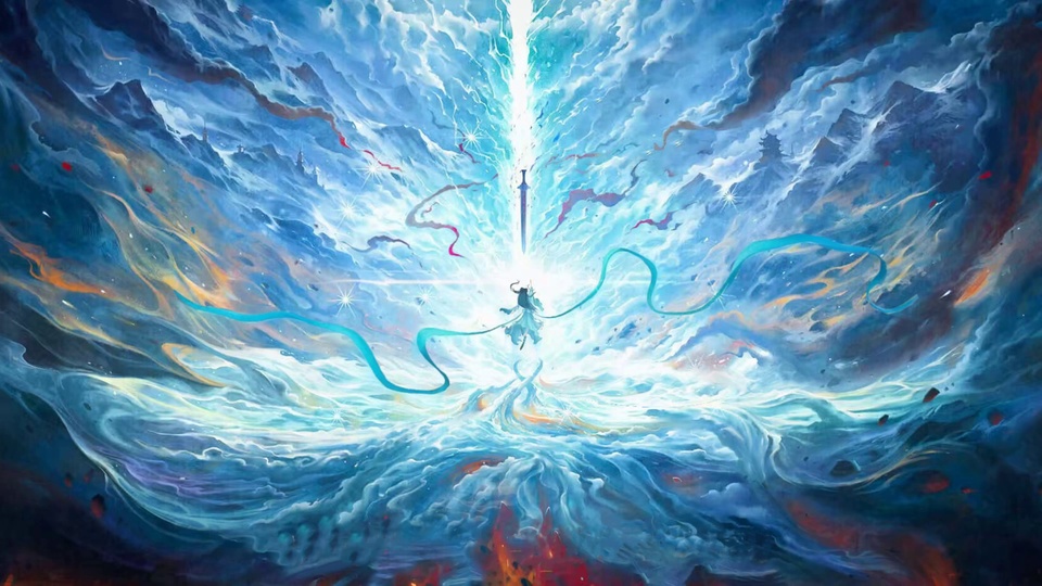 蓝白交织的流动云雾中，古风人物伸手接住天降的发光长剑，长飘带随气流舒展。