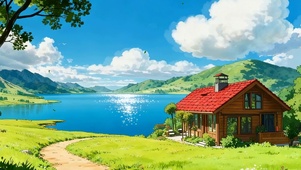 蓝天白云树木房屋双屏