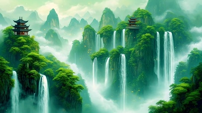 绿色国风山水瀑布