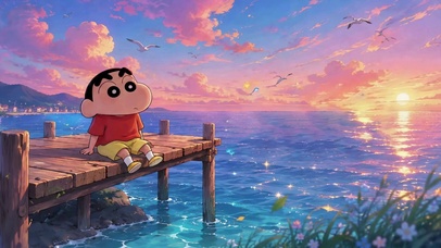 海边落日下的蜡笔小新