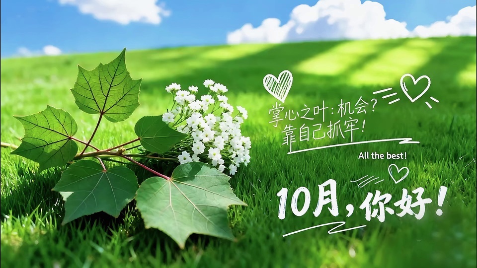 开阔鲜绿缓坡草坪向远方延伸，上方是澄澈天蓝色晴空，点缀着蓬松的白色云团，前景摆放着带红褐细枝的绿色掌状叶片与一小束白色细碎小花。