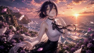 海边日落紫发二次元美少女