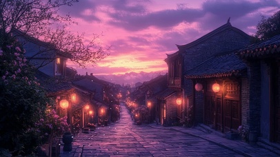 紫色夕阳静谧古镇街道