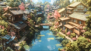 晴天溪流河岸古风小镇