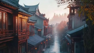 古朴小镇清晨朦胧街景