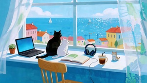 窗观海屿黑猫