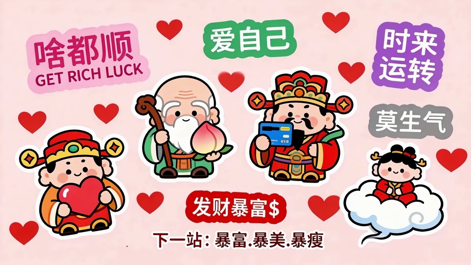 浅粉色背景上排布四个Q版卡通吉祥形象，散落红色爱心与多组彩色祝福文字。