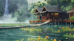 护眼绿景房屋河流带鱼屏