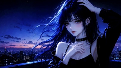 夜幕天台蓝发二次元美少女