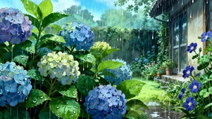 雨天院子花朵