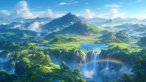 阳光彩虹绿色高山瀑布