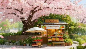 樱花树下的水果摊